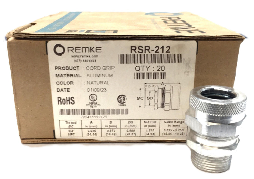 Remke 3/4" Natural Aluminum Cord Grip Case (20pcs) RSR-212 NOS