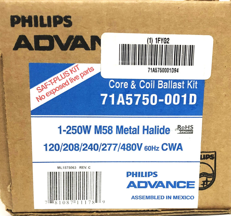 Philips Advance 1-250W M58 Metal Halide Core & Coil Ballast Kit 71A5750-001D NOS