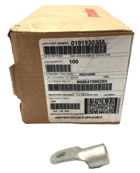 Molex 2-Ga. Silver Brazed Non-Ins. Straight Barrel Box (100pcs) 0191930305 NOS