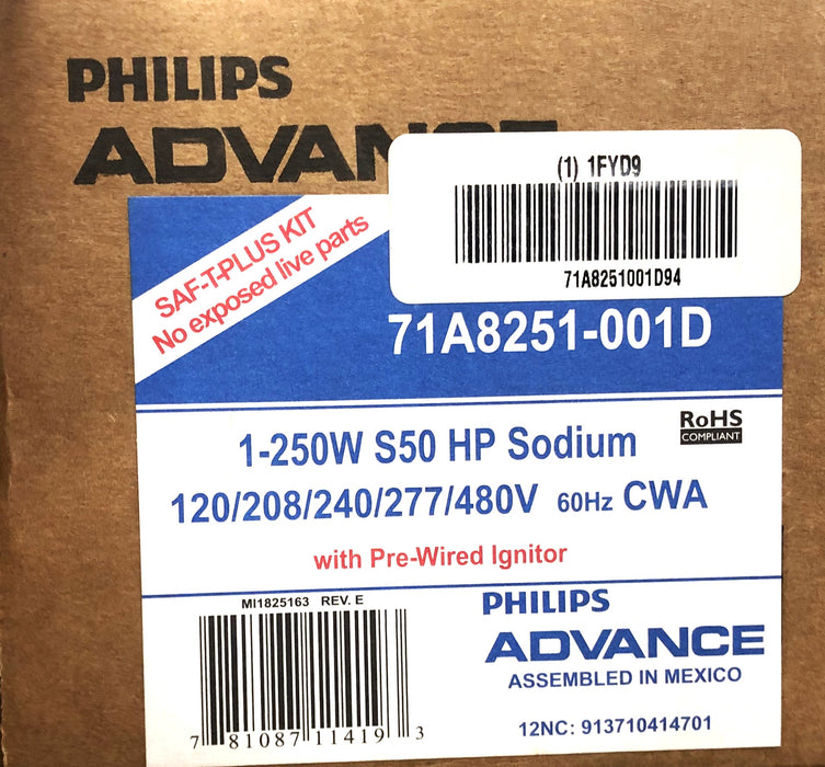 Philips Advance 1-250W S50 HP Sodium Core And Coil Ballast Kit 71A8251-001D NOS