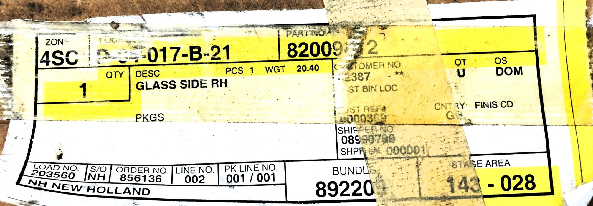 Cab Glass Assembly For Case New Holland 82009812 NOS