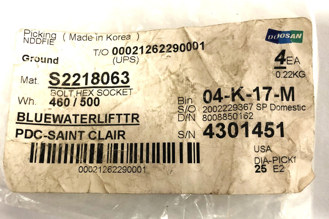 Doosan Hex Socket Bolt S2218063 NOS