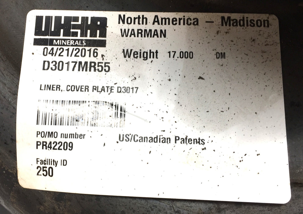 Weir Pump Cover Plate Liner D3017MR55 (D3017) NOS