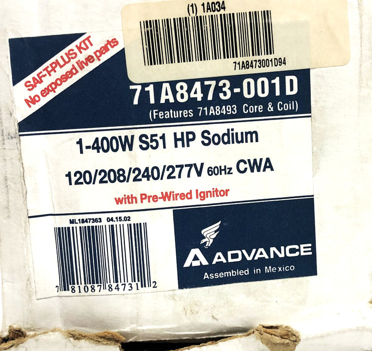 Philips Advance S51 1-400W HP Sodium Core And Coil Ballast Kit 71A8473-001D USED