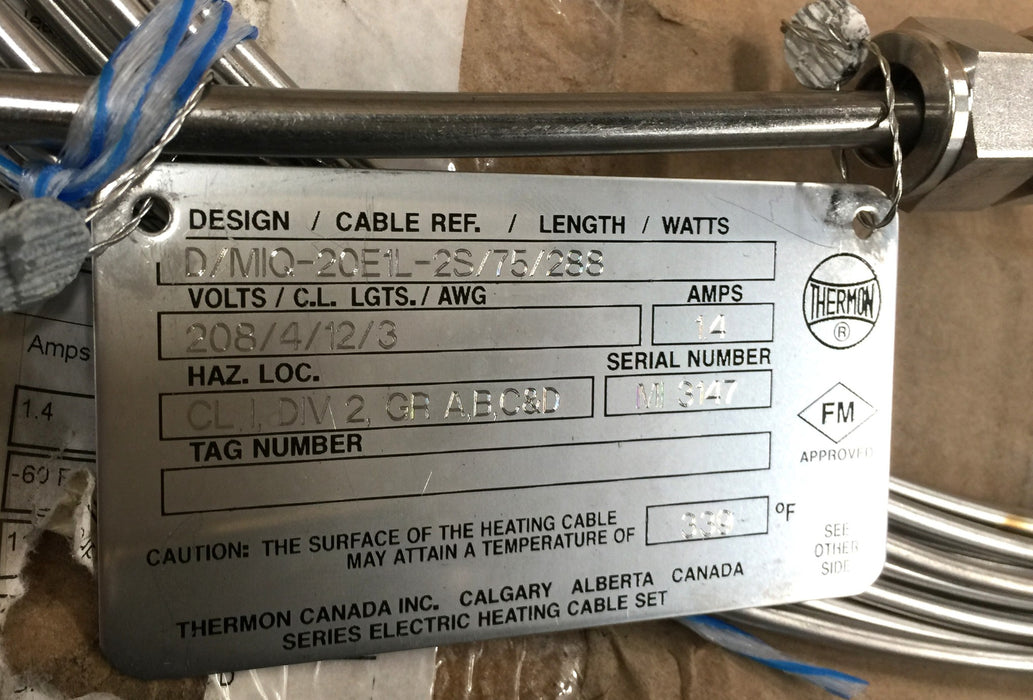 Thermon Heating Cable Assembly D/MIQ-20E1L-2S/75/288 NOS