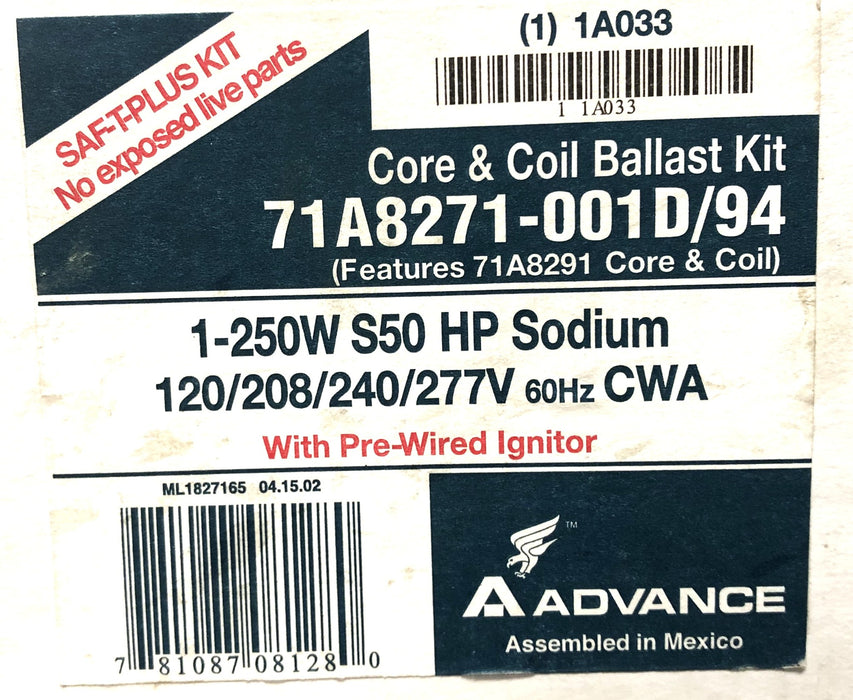 Philips Advance 1-250W S50 HP Sodium Core & Coil Ballast Kit 71A8271-001D/94 NOS
