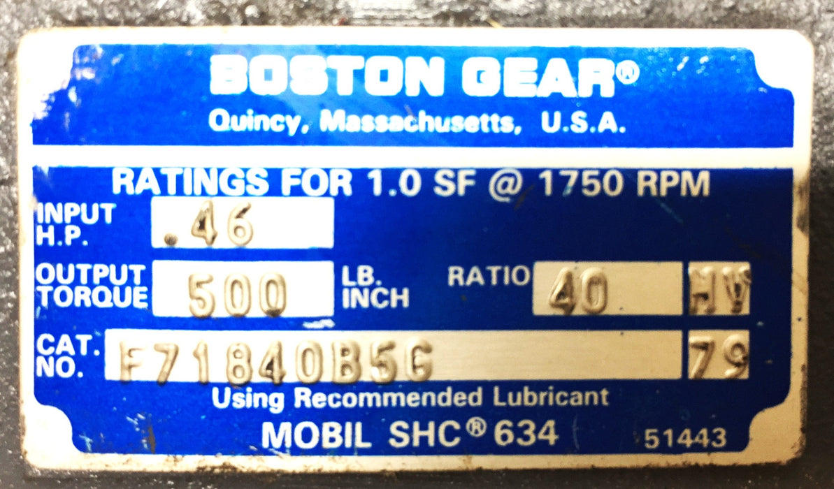 Boston Gear 40:Ratio Input HP: .46 Output: 500 Gear Reducer Boston F71840B5G NOS
