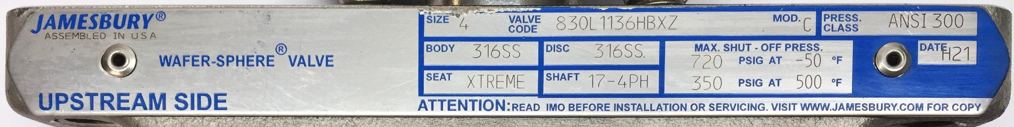 Jamesbury Bare Shaft Hi-Performance Butterfly Valve 830L1136HBXZ (No Handle) NOS