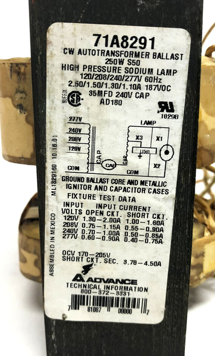 Philips Advance 1-250W S50 HP Sodium Core & Coil Ballast Kit 71A8271-001D/94 NOS