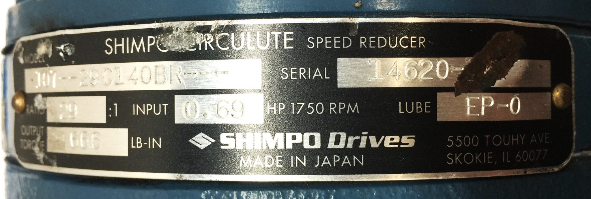 Shimpo Drives Gear Speed Reducer 107-29C140BR USED