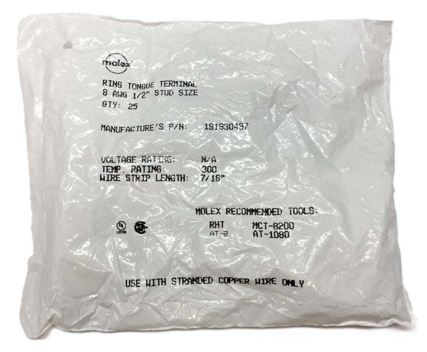Molex Ring Tongue Terminal 8 AWG Stud Size:1/2" 191930497 [Lot of 25] NOS