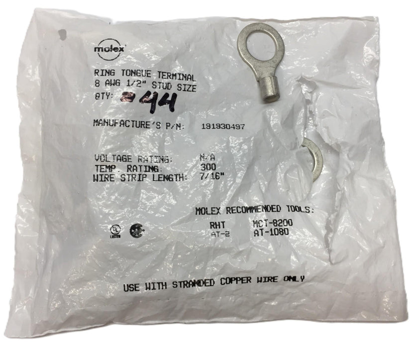 Molex Ring Tongue Terminal 8 AWG Stud Size:1/2" 191930497 [Lot of 44] NOS