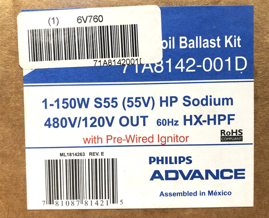 Philips Advance 1-150W S55 HP Sodium Core & Coil Ballast Kit 71A8142-001D NOS