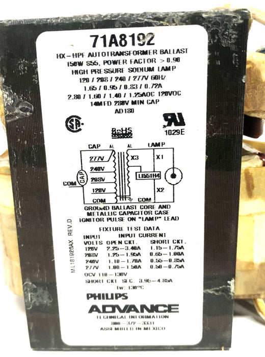 Philips Advance 1-150W S55 HP Sodium Core & Coil Ballast Kit 71A8172-001D NOS