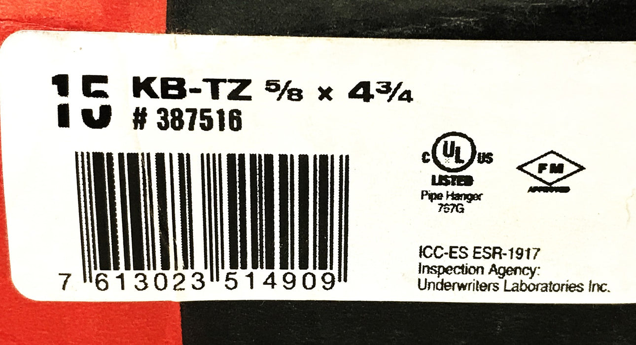 Hilti 5/8 inch x 4-3/4 inch Steel Concrete Anchors KB-TZ-387516 [Lot of 11] NOS