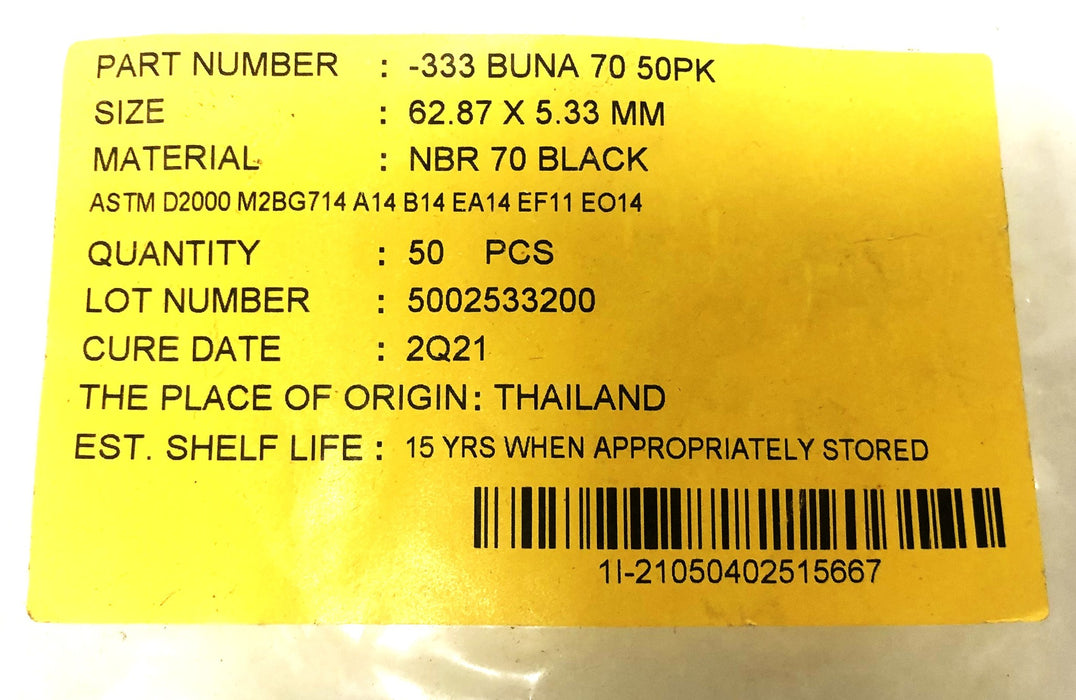 Buna NBR 70 62.87X5.33MM O-ring 333 [Lot of 6] NOS