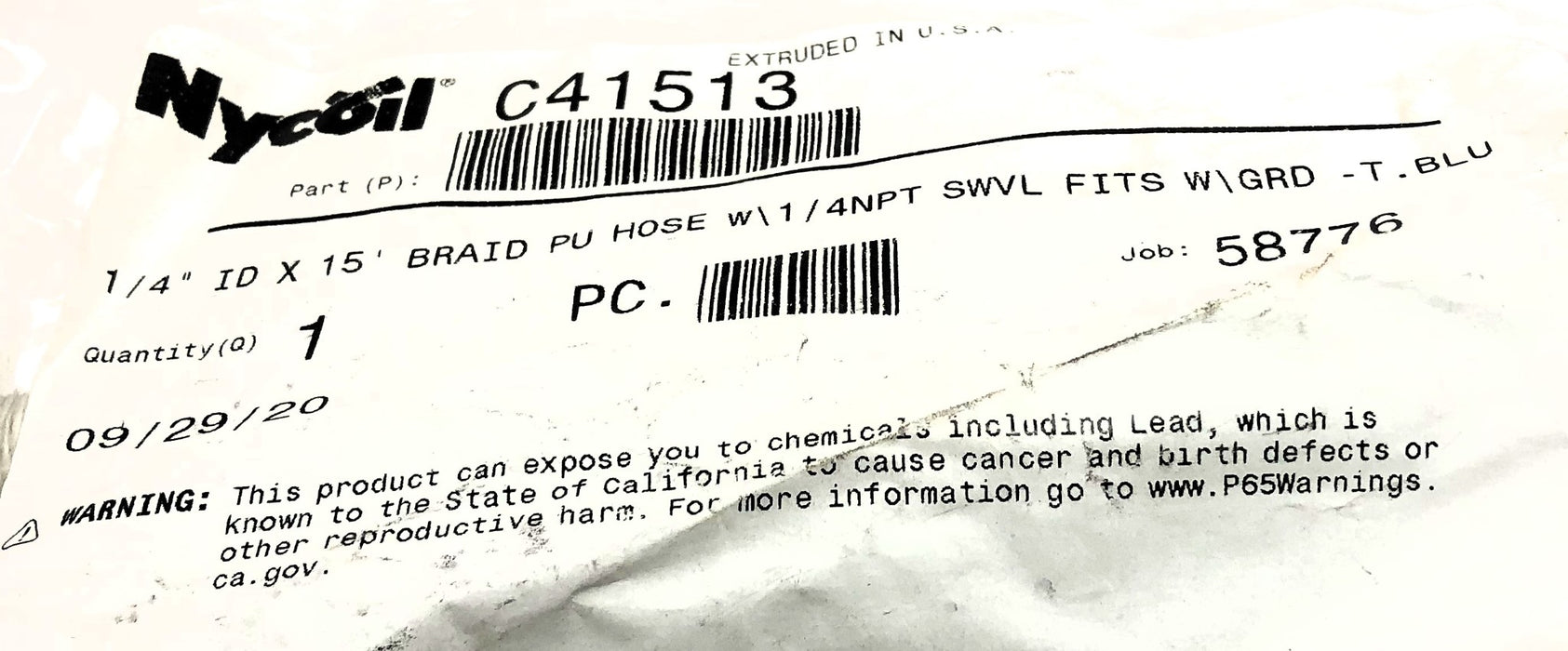 Nycoil 1/4" ID X 15' Braid PU Hose W/ 1/4 NPT SWVL Fits W/GRD - T.Blu C41513 NOS