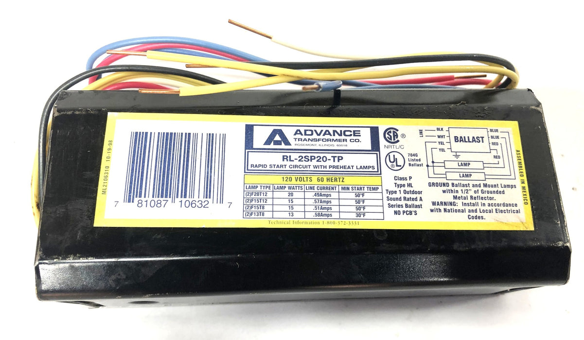 Advance 120V 60Hz Rapid Start Circuit With Preheat Lamps RL-2SP20-TP NOS