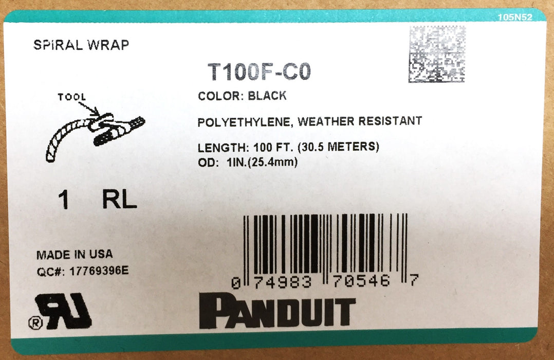 Panduit Weather-Resistant Polyethylene Black Spiral Wrap 100' x 1" T100F-C0 NOS