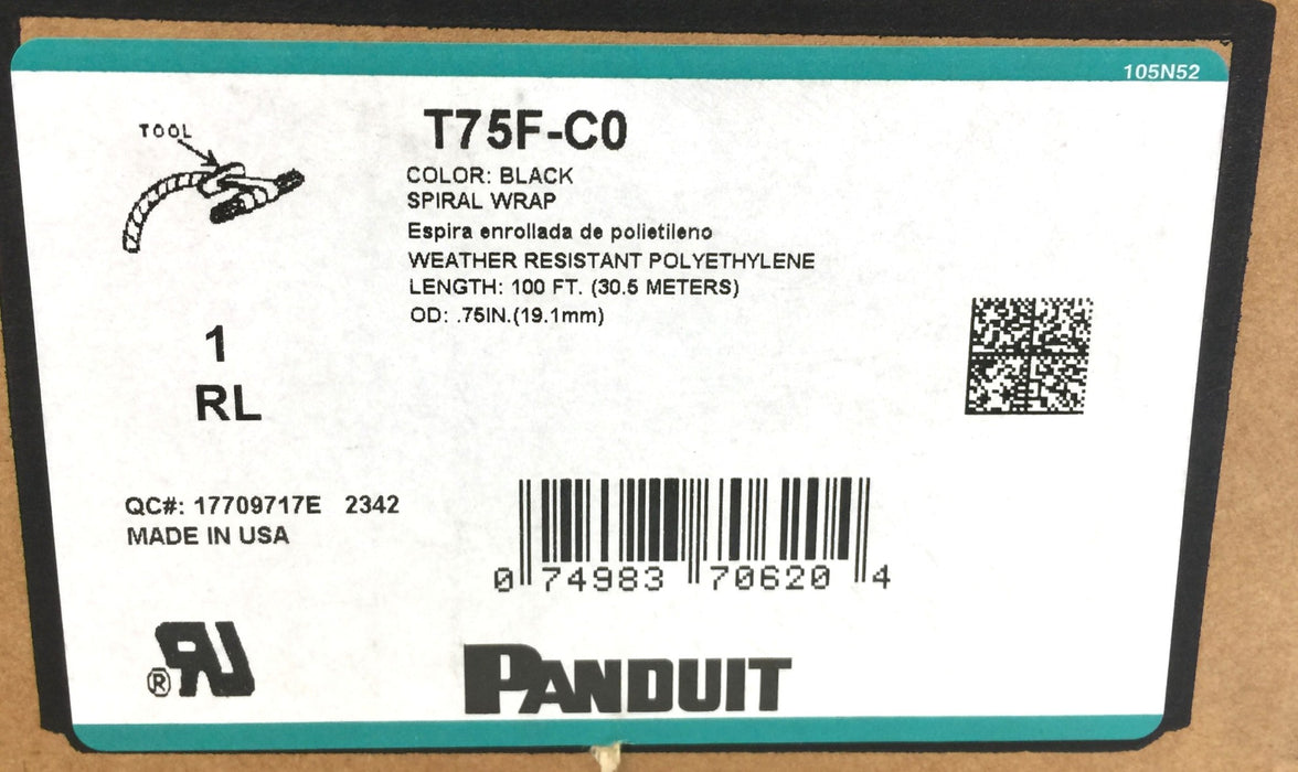 Panduit Weather-Resistant Polyethylene Black Spiral Wrap 100' x 3/4" T75F-C0 NOS