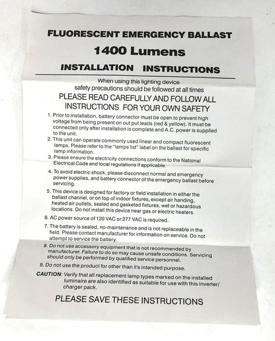 Unbranded 1400 Lumens 120/277VAC 60Hz Fluorescent Emergency Ballast BAL1400 NOS