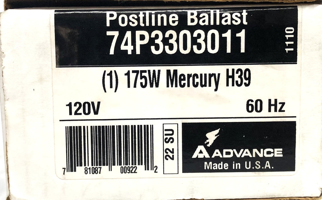 Advance 175W Mercury Lamp H39 120V 60Hz Postline Ballast 74P3303-011 NOS