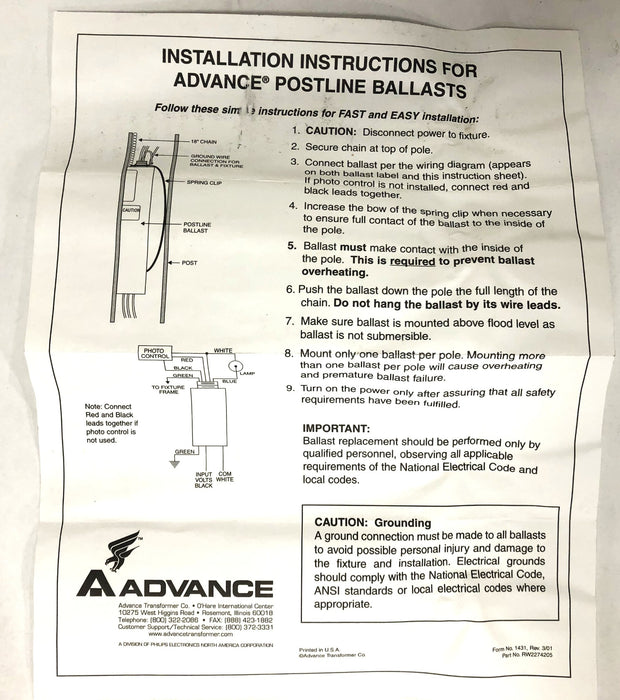 Advance 175W Mercury Lamp H39 120V 60Hz Postline Ballast 74P3303-011 NOS