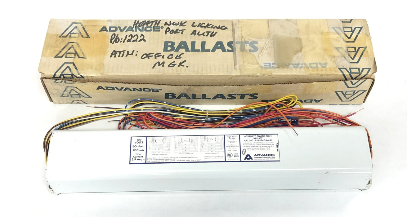 Advance 120V 60Hz 800mA 3.9Amps Plastic-Sign Ballast ASB-1240-46-BL NOS
