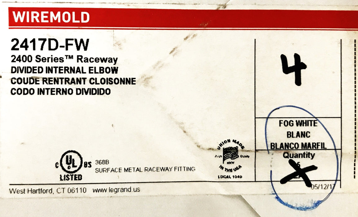 Wiremold Divided Internal Elbow 2417D-FW [Lot of 4] NOS