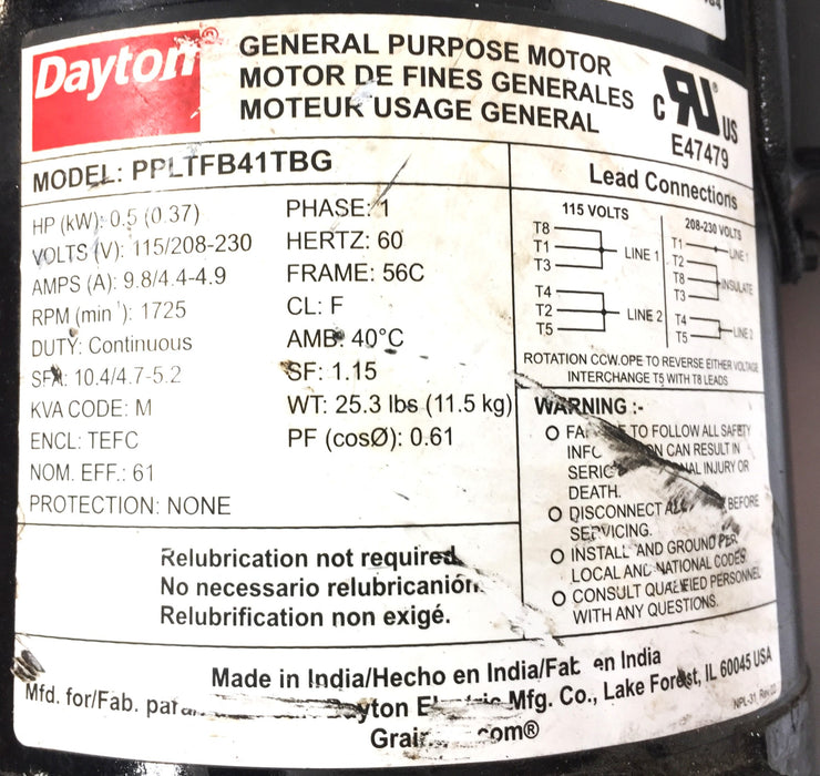 Dayton 32V136 Bung Entering 316 SS Shaft Drum Mixer PPLTFB41TBG USED