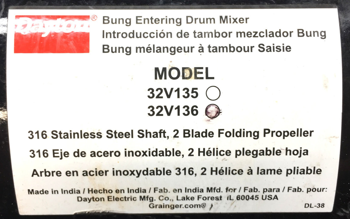Dayton 32V136 Bung Entering 316 SS Shaft Drum Mixer PPLTFB41TBG USED