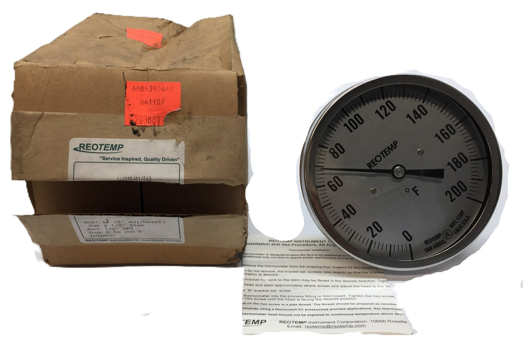 Reotemp Model: "J" 0-200F Range 2-1/2" Stem Thermometer 6685360460 NOS