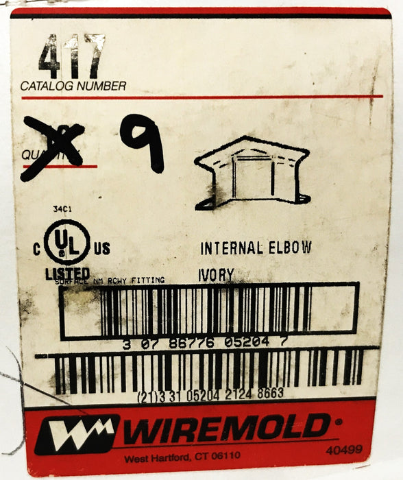 Wiremold Series 400 Internal Elbow Ivory 417 [Lot of 9] NOS