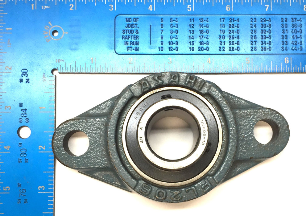 Asahi 2-Bolt Pillow Block Bearing Assembly w/o Zerk Fitting FL206 (UC206-18) NOS