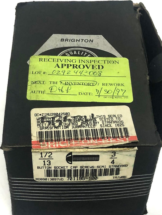 Brighton 100PCS Alloy 3/4 Inch Button Socket Head Cap Screws 1/2-13 NOS