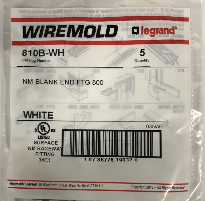 Legrand Wiremold Non-Metallic Blank End Raceway Fitting 810B-WH [Lot of 30] NOS