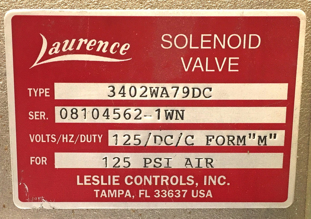 Laurence 125/DC/C Form 'M' Rotary Shaft Solenoid 125 psi Valve 3402WA79DC USED