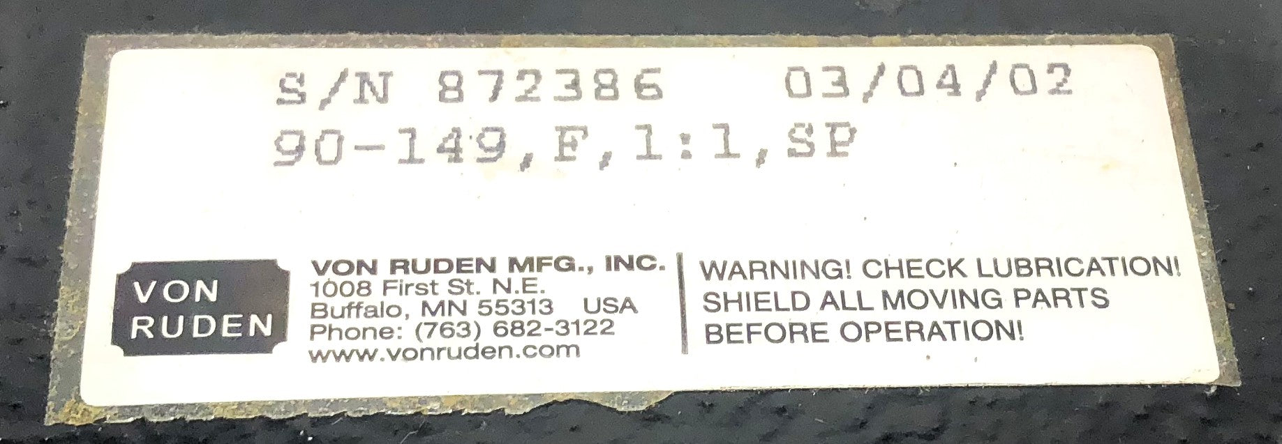 Von Ruden Gear Box 90-149 NOS