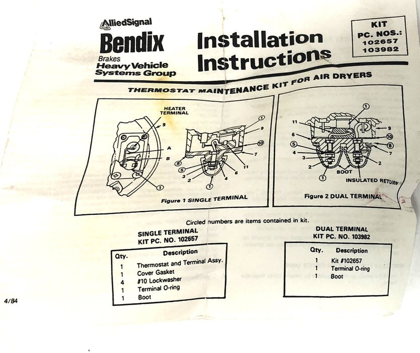 Bendix Heater Thermo Kit SGL 102657 [Lot of 2] NOS