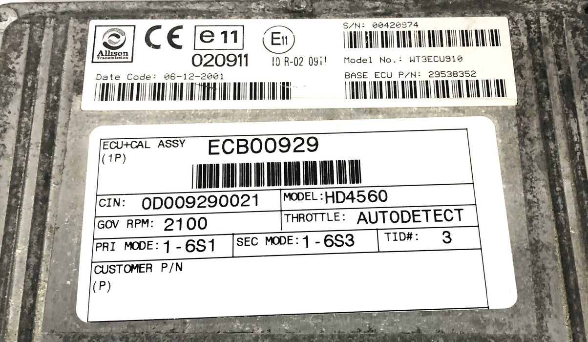 Allison Transmission HD4560 ECU Control Module 29538352 (WT3ECU910) USED