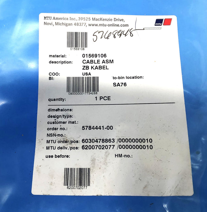 MTU America Inc Cable Assembly 01569106 NOS