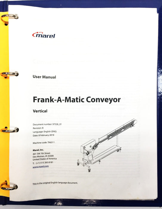 Marel Frank-A-Matic Vertical Type 9837868 Conveyor VC3030 Manual USED