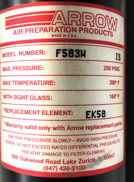 Arrow 3/8" NPT Coalescing Filter W/Out Mounting Bracket & Hardware F583W USED