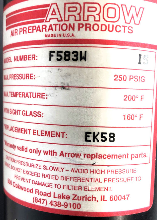 Arrow 3/8" NPT Coalescing Filter W/ Mounting Bracket & Hardware F583W USED