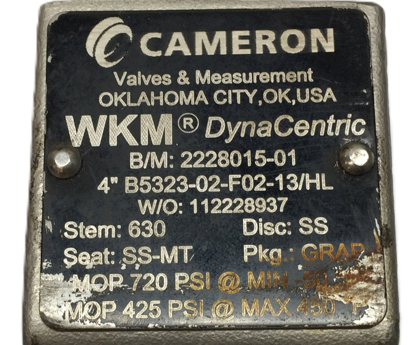 Cameron WKM DynaCentric 4" Valve 2228015-01 (B5323-02-F02-13/HL) USED