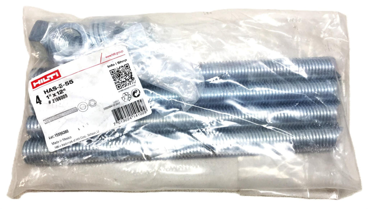 HILTI HAS-E-55 1"x12" Threaded Anchor Rod w/Nut and Washer [Lot of 4]2198009 NOS