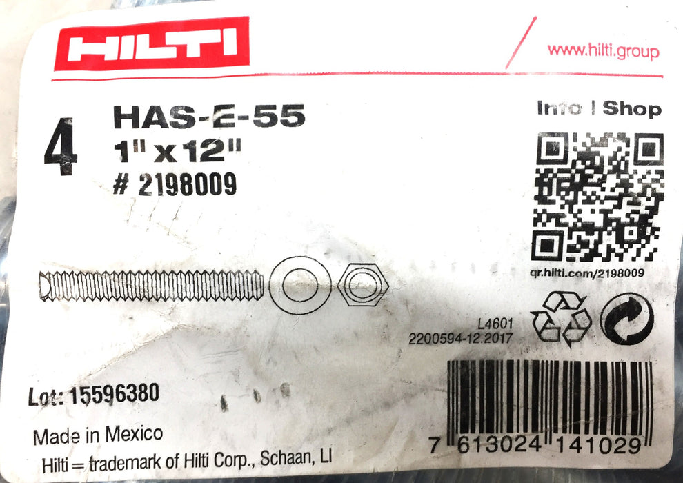HILTI HAS-E-55 1"x12" Threaded Anchor Rod w/Nut and Washer [Lot of 4]2198009 NOS