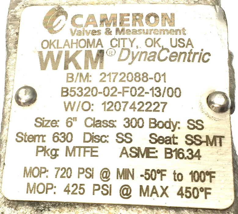 Cameron Valves WKM DynaCentric Valve 2172088-01 (B5320-02-F02-13/00) USED