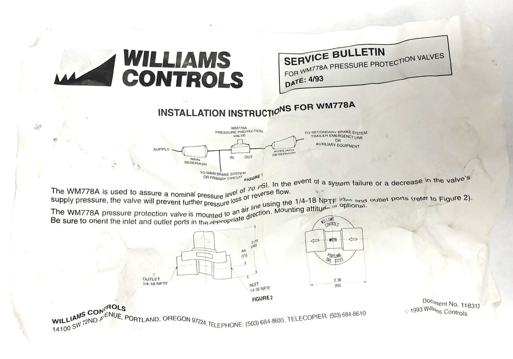 Williams Controls Pressure Protection Valve 70 PSI 118181 NOS