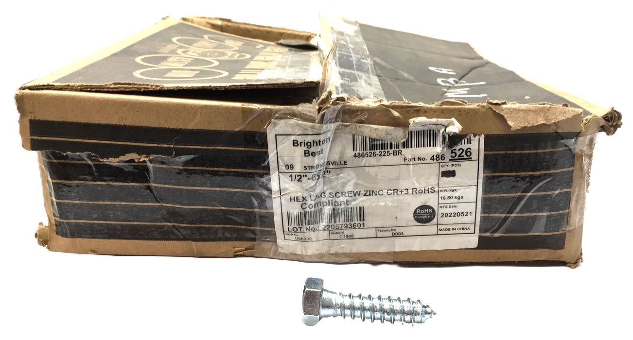 Brighton Best 1/2"-6 x 2" Zinc Hex Lag Screw CR+3 486526-225-BR [Lot of 160] NOS